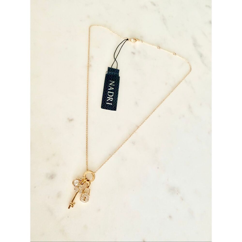 Nadri Gold Crystal Key & Lock Charm Necklace NWT | Lucky Clover Pendant
